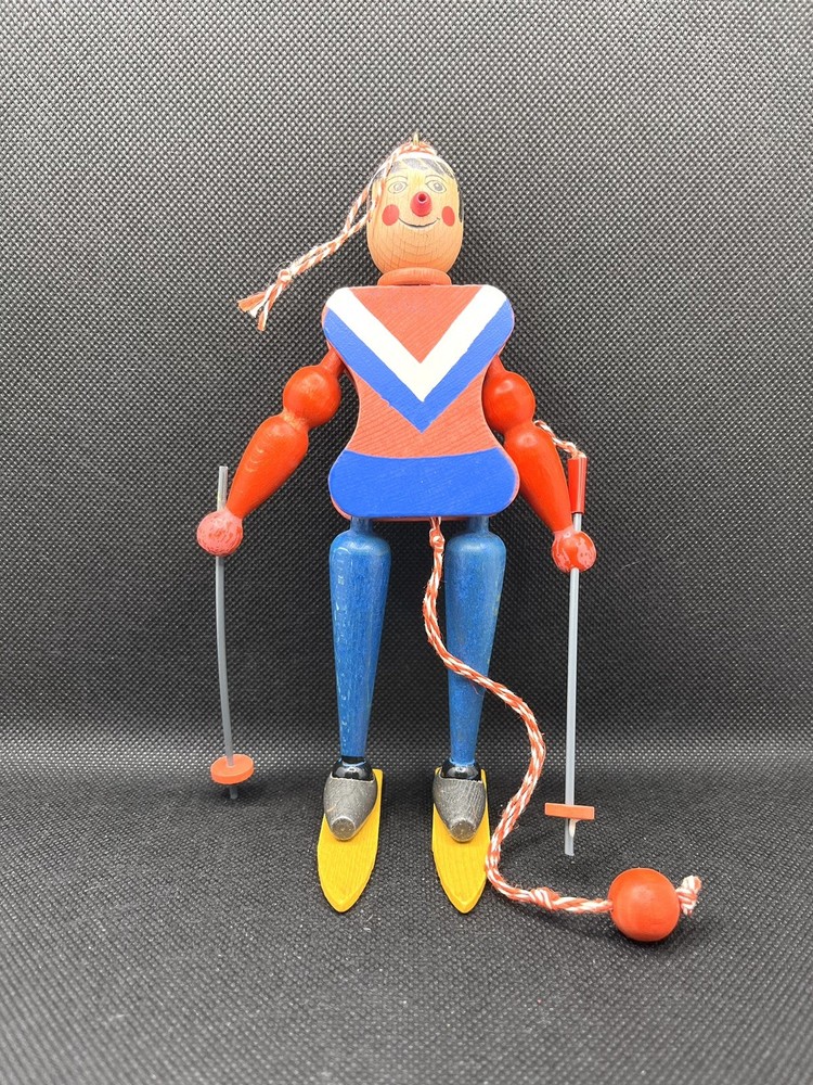 Vintage Wood Pull String Skiing Boy Puppet Austria Jumping Jack READ