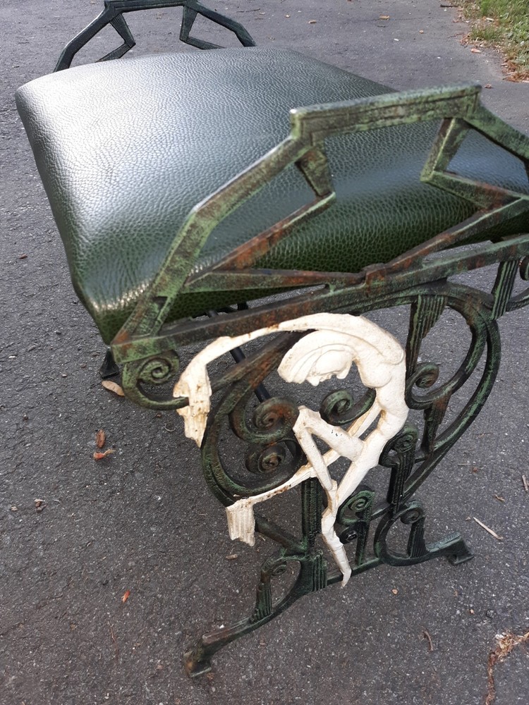 Art Deco Cast Iron And Leather Bench Stool