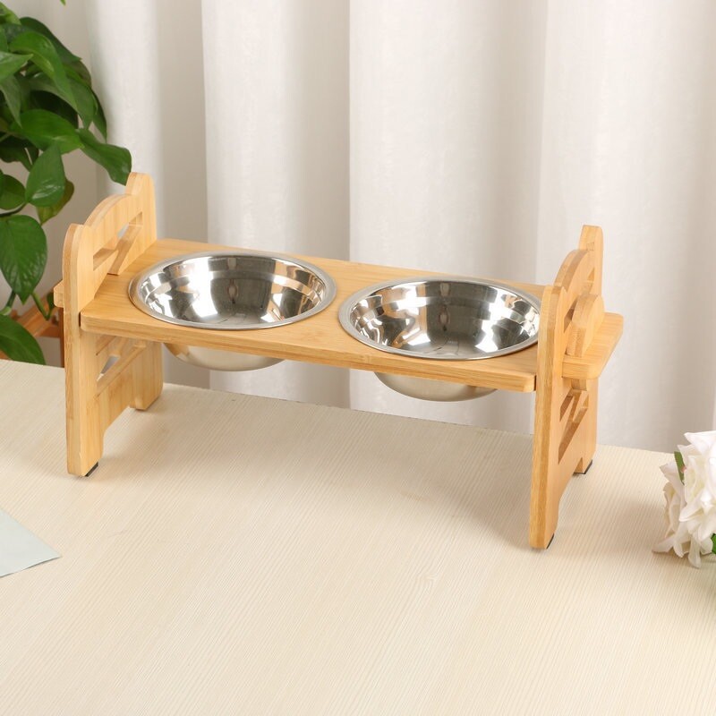 Elevated Bamboo Dog Bowls Stand Adjustable Double Stainless Steel Pet Feeder”