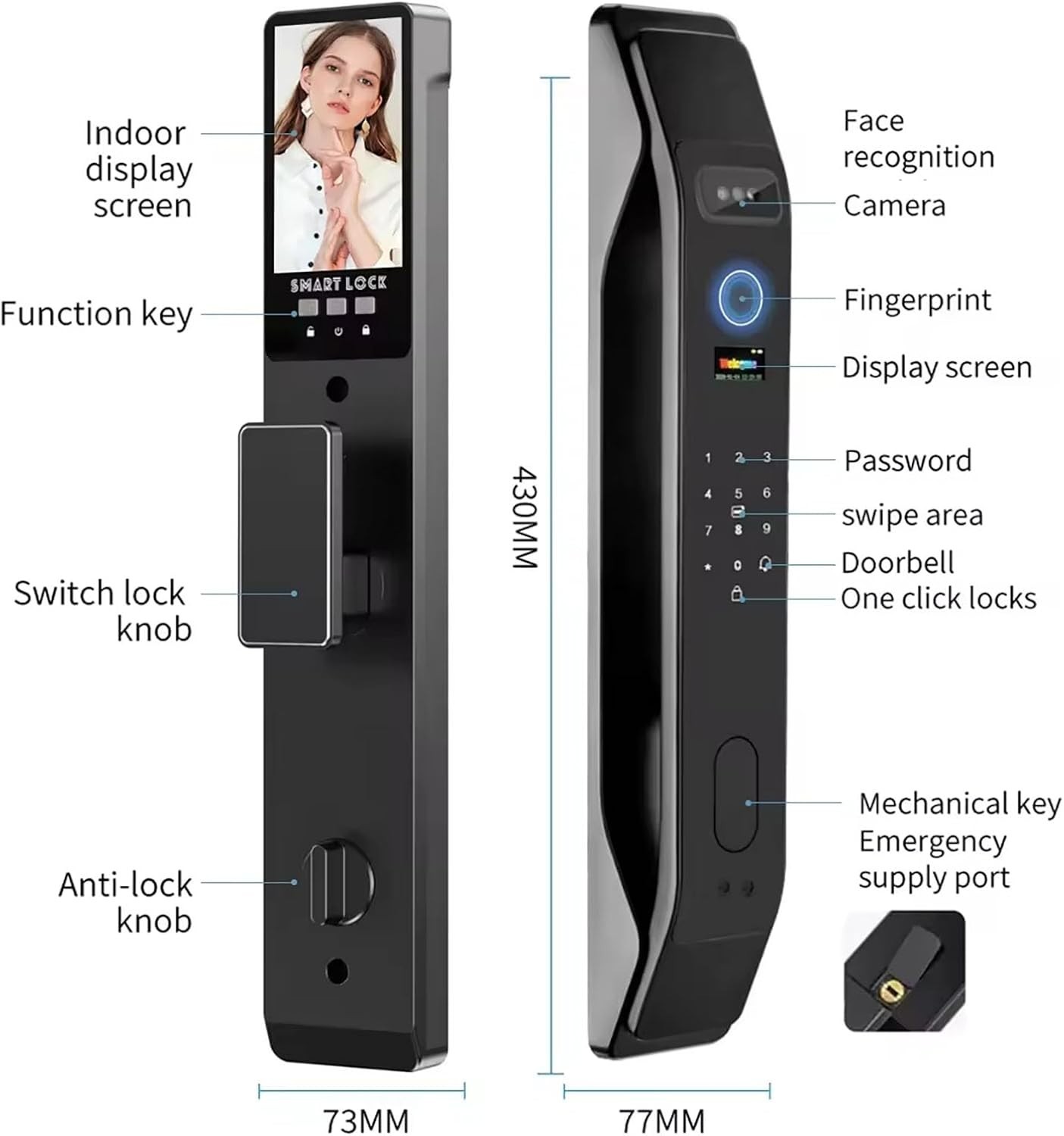 3D Face Recognition Fingerprint Password Smart Door Lock with Camera Security