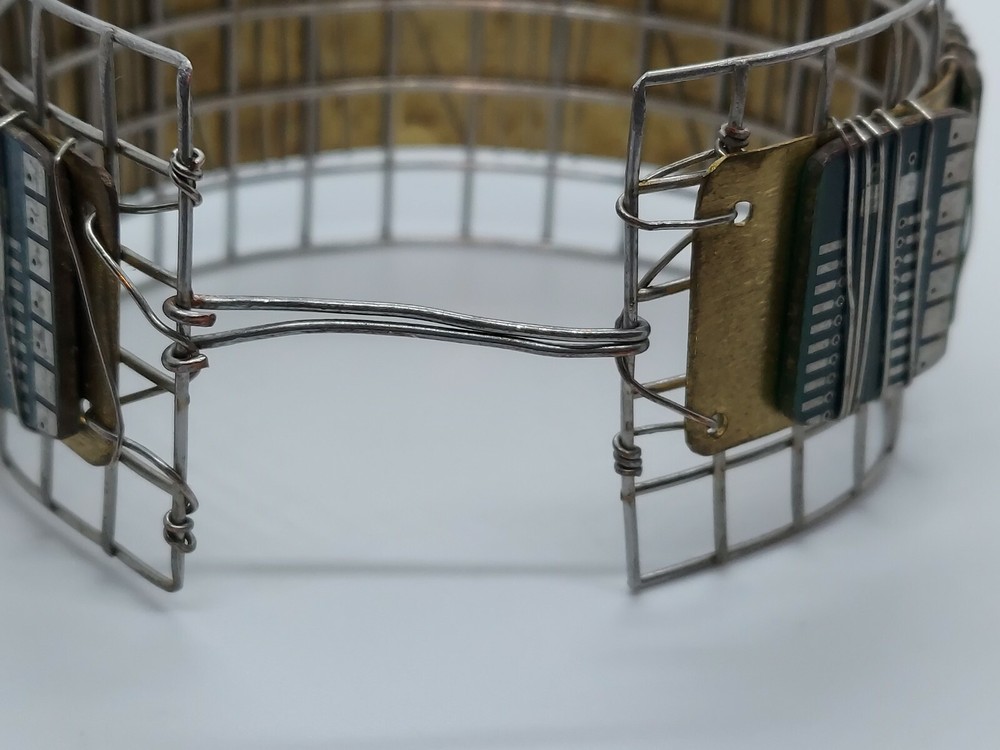 Artisan Computer Chip Bracelet Silver Tone Wire Brass Cuff