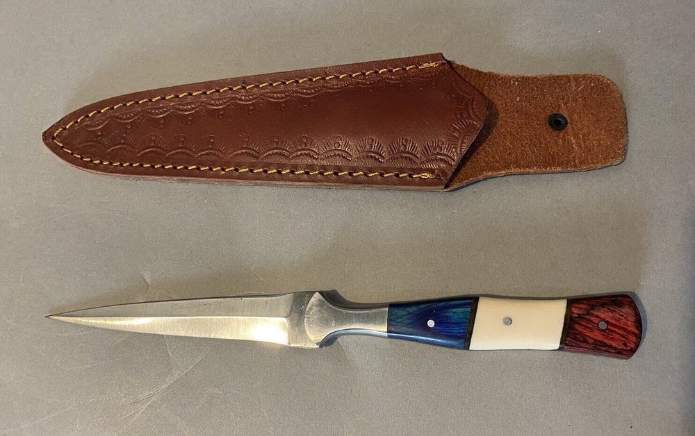 CUSTOM DOUBLE EDGED DAGGER KNIFE LEATHER SHEATH PATRIOTIC HANDLE