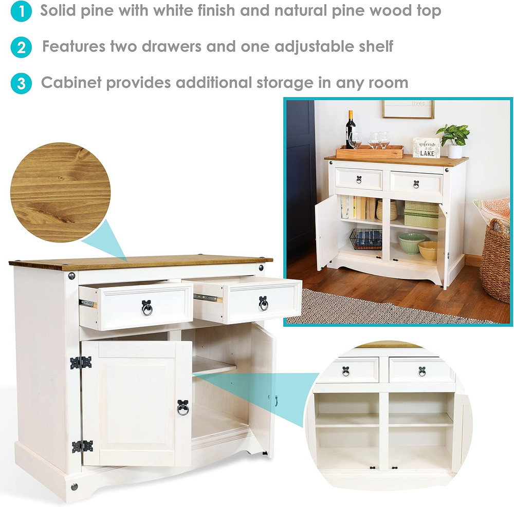 Sunnydaze 31.5" Kitchen Sideboard Cabinet - Solid Pine, 2 Drawers & Doors