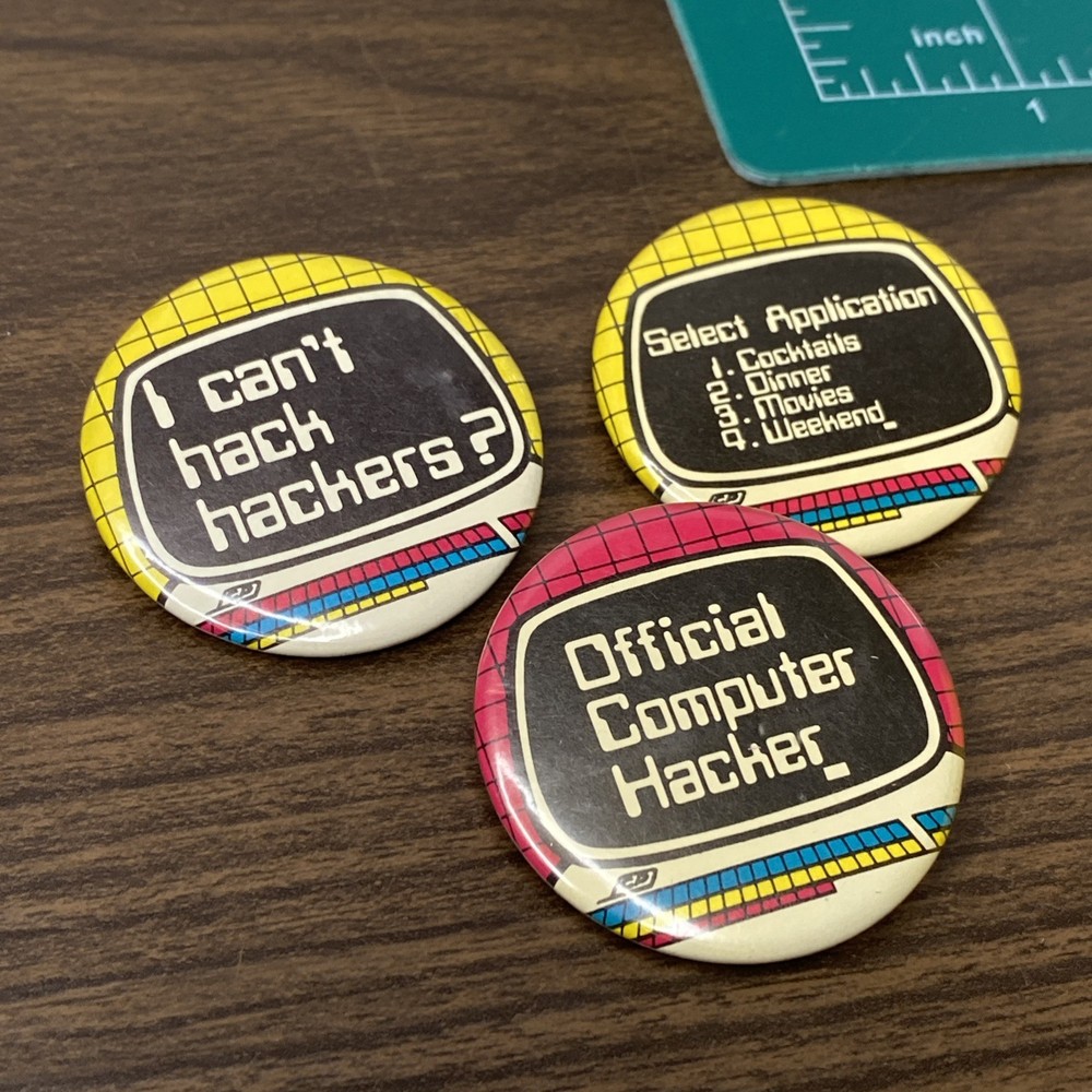 3 Vintage IT Tech Computer Engineering Pinback Buttons Centennia Computer Humor