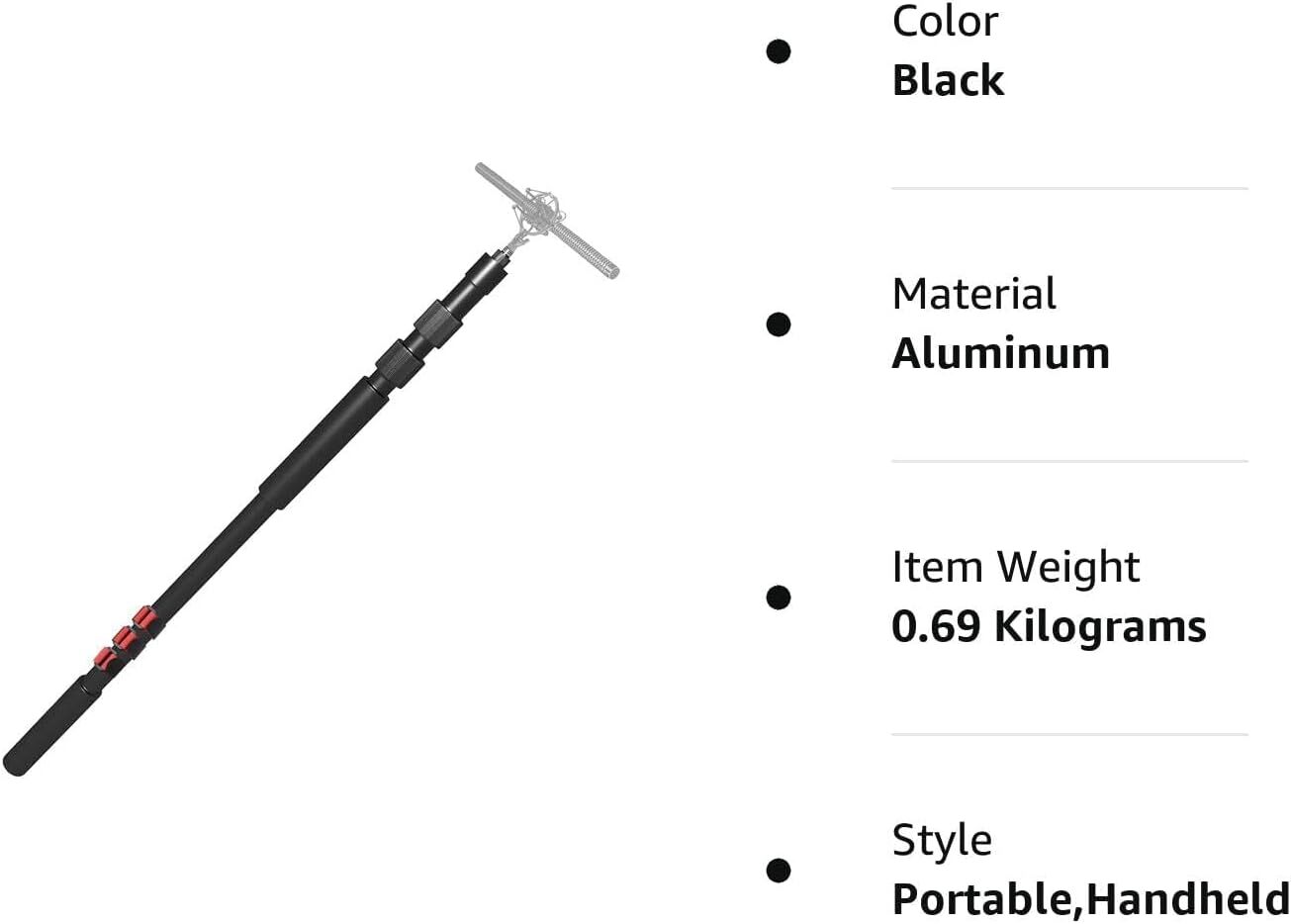 Portable Handheld Boom Pole for Shotgun Mic, 3-Section Extendable Microphone Arm