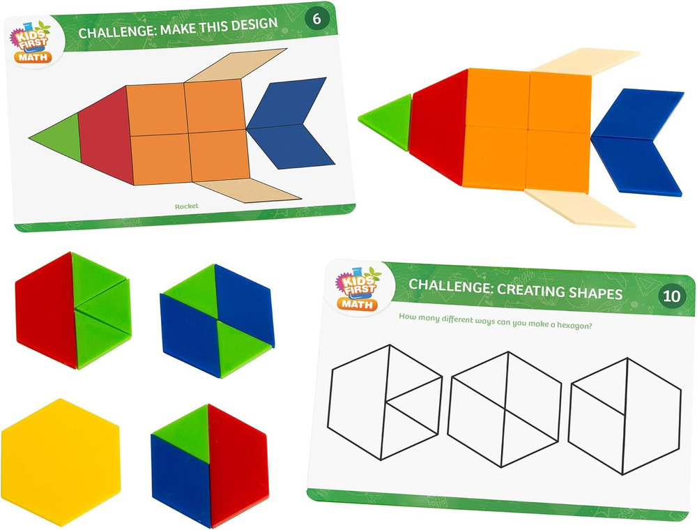 Kids First Math: Pattern Blocks Math Kit W/Activity Cards | 250 Colorful Plastic