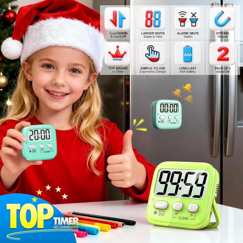 Portable Kitchen & Classroom Timers: 2 Pack with Built-in Memory & Large Display