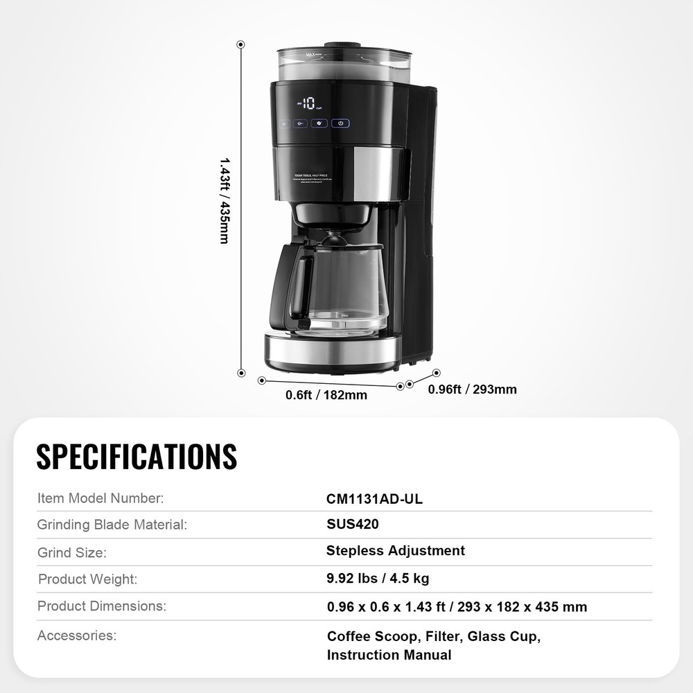 Grind & Brew Coffee Maker 10 Cup Drip Coffee Machine w/ 3 Brew Strength Control
