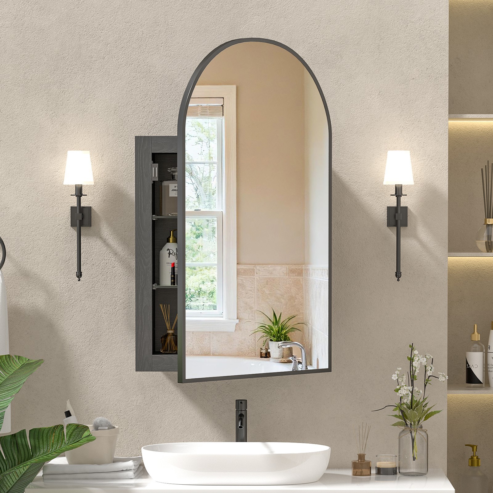 Black Arched Bathroom Medicine Cabinet With Mirror & Shelves,Right Open,Recessed