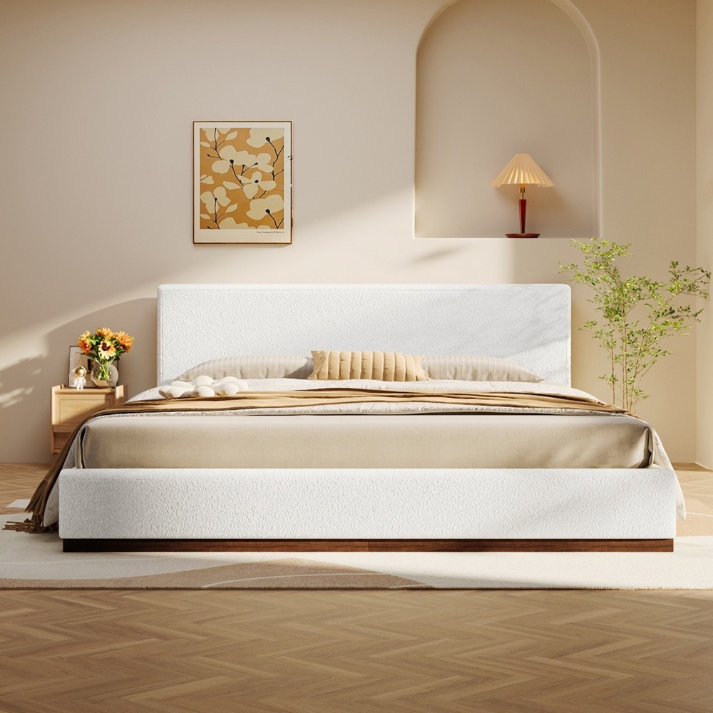 King Size Modern Upholstered Platform Bed Frame w/ Headboard & Solid Wood Base