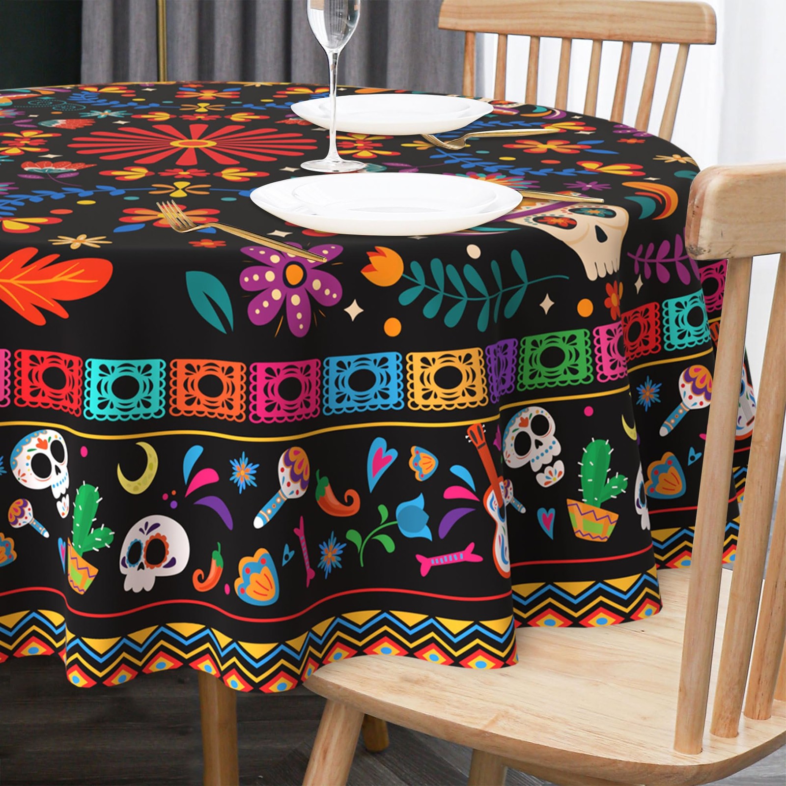 Mexican Tablecloth Round 70 Inch, Cinco De Mayo Flower Skull Table Cloth Fies...