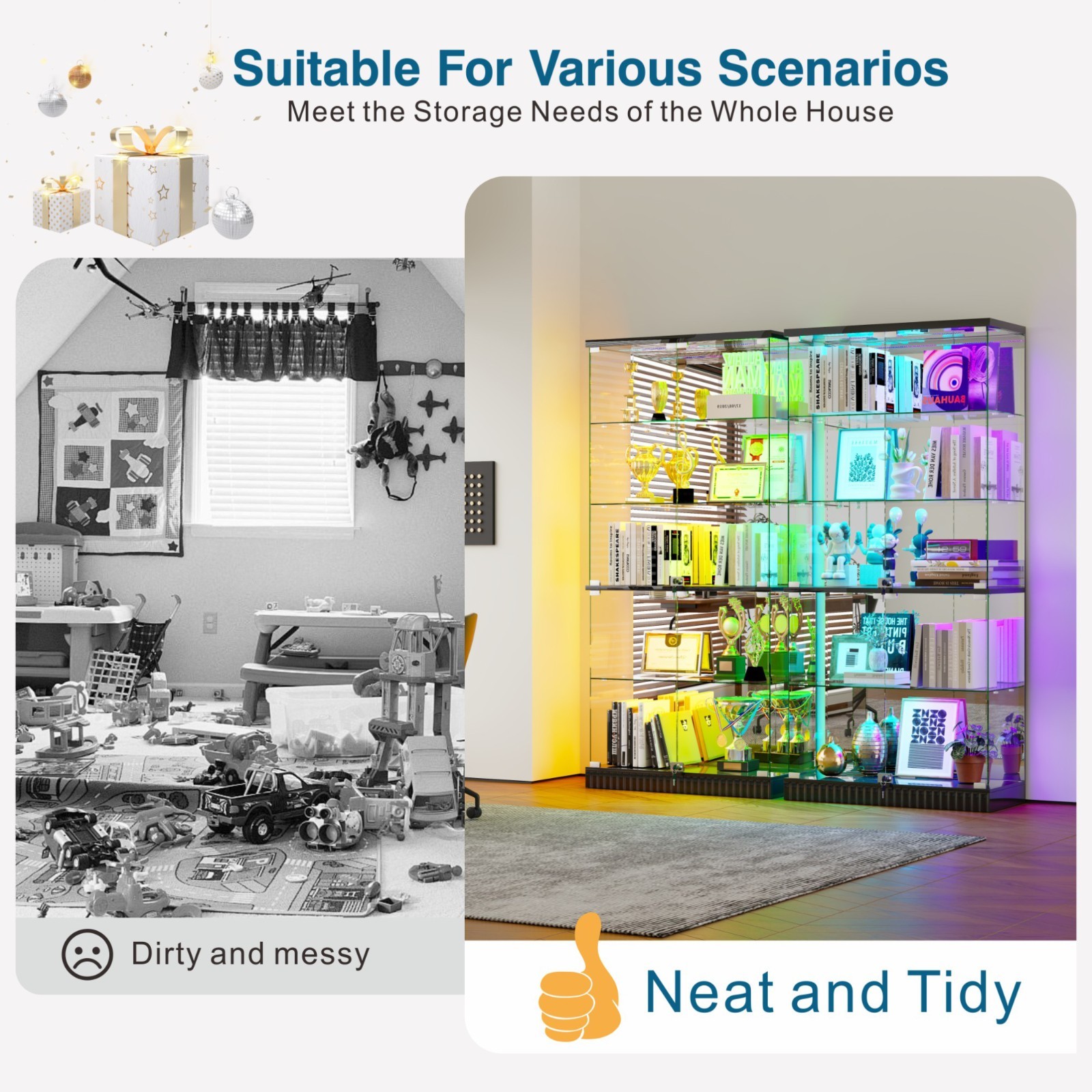 Gurexl Glass Display Cabinet - Curio Cabinets with RGB Lights for Collectibles