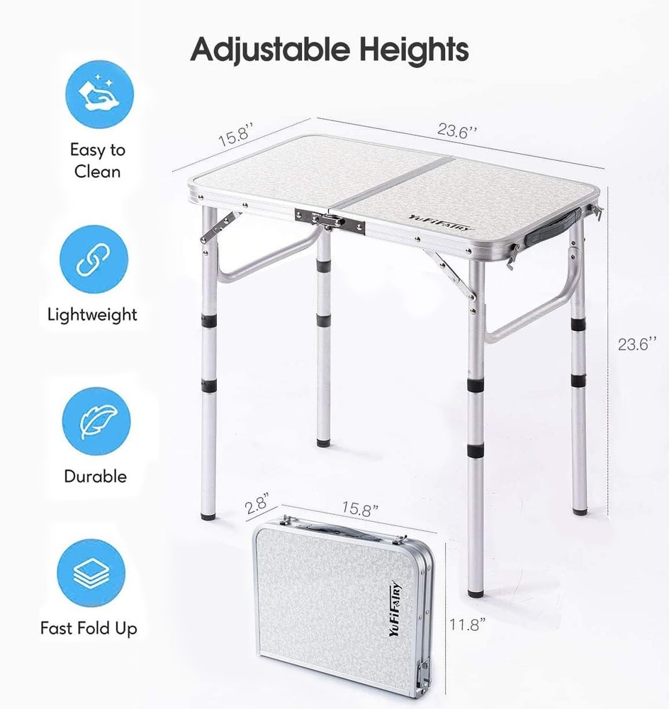 Small Folding Table Portable 24''LX16''W Foldable Camp with 3 Adjustable Height