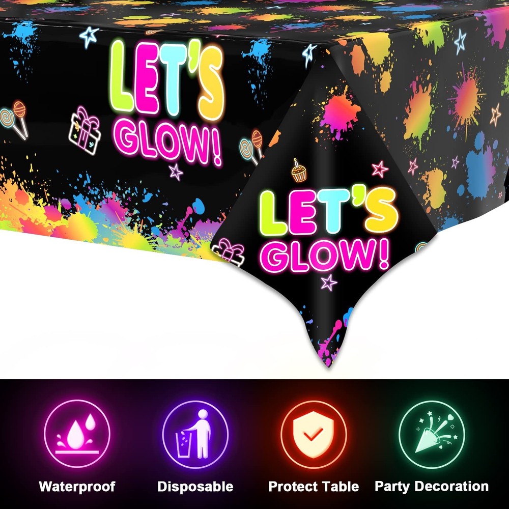 1 Pack Let's Glow Tablecloth- Neon Party Table Cover, Disposable Plastic Rect...