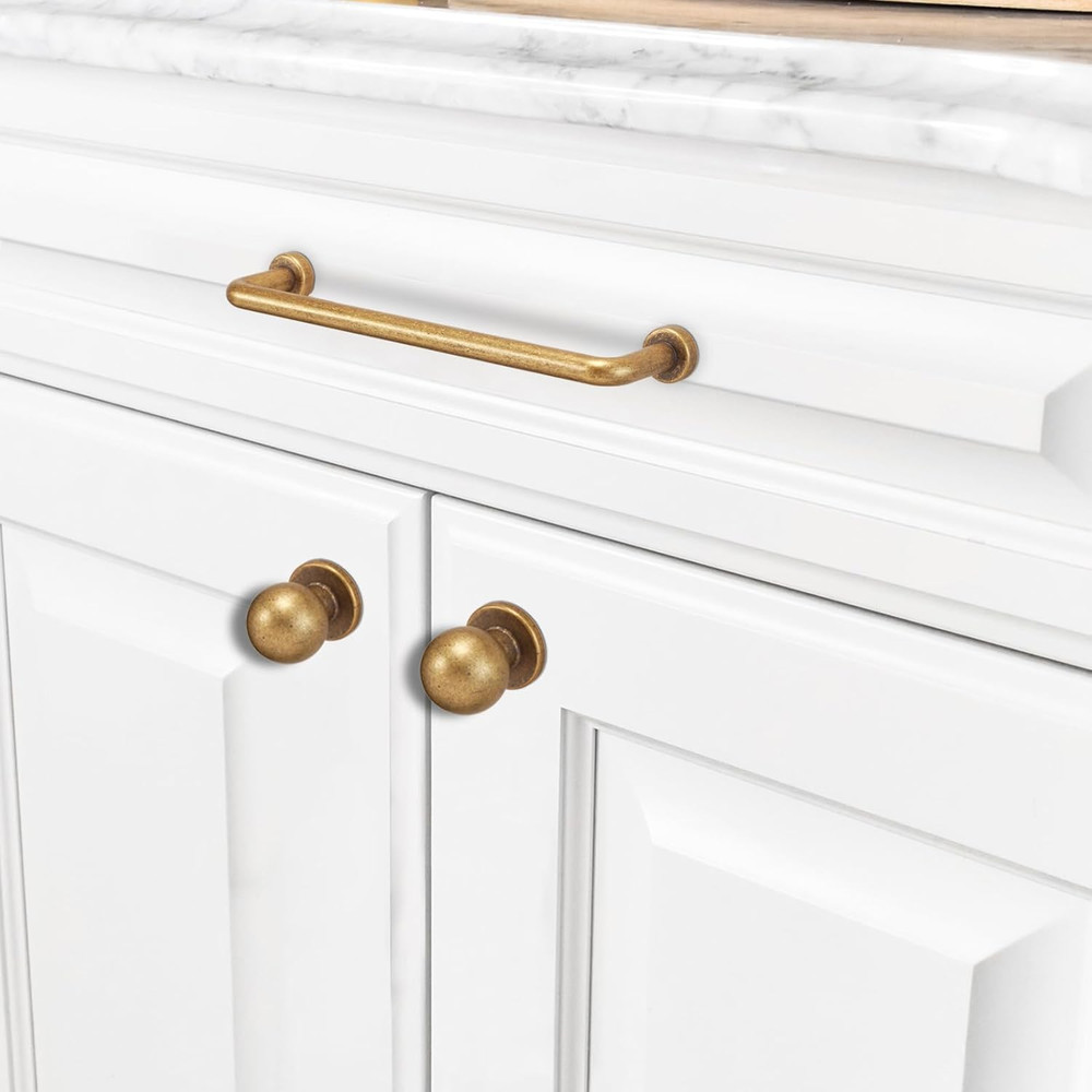 10 Pack Antique Brass Cabinet Handles and Knobs - Vintage Drawer Knobs