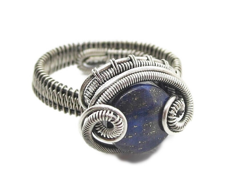 Adjustable Lapis Lazuli Wire-Wrapped Ring in Sterling Silver