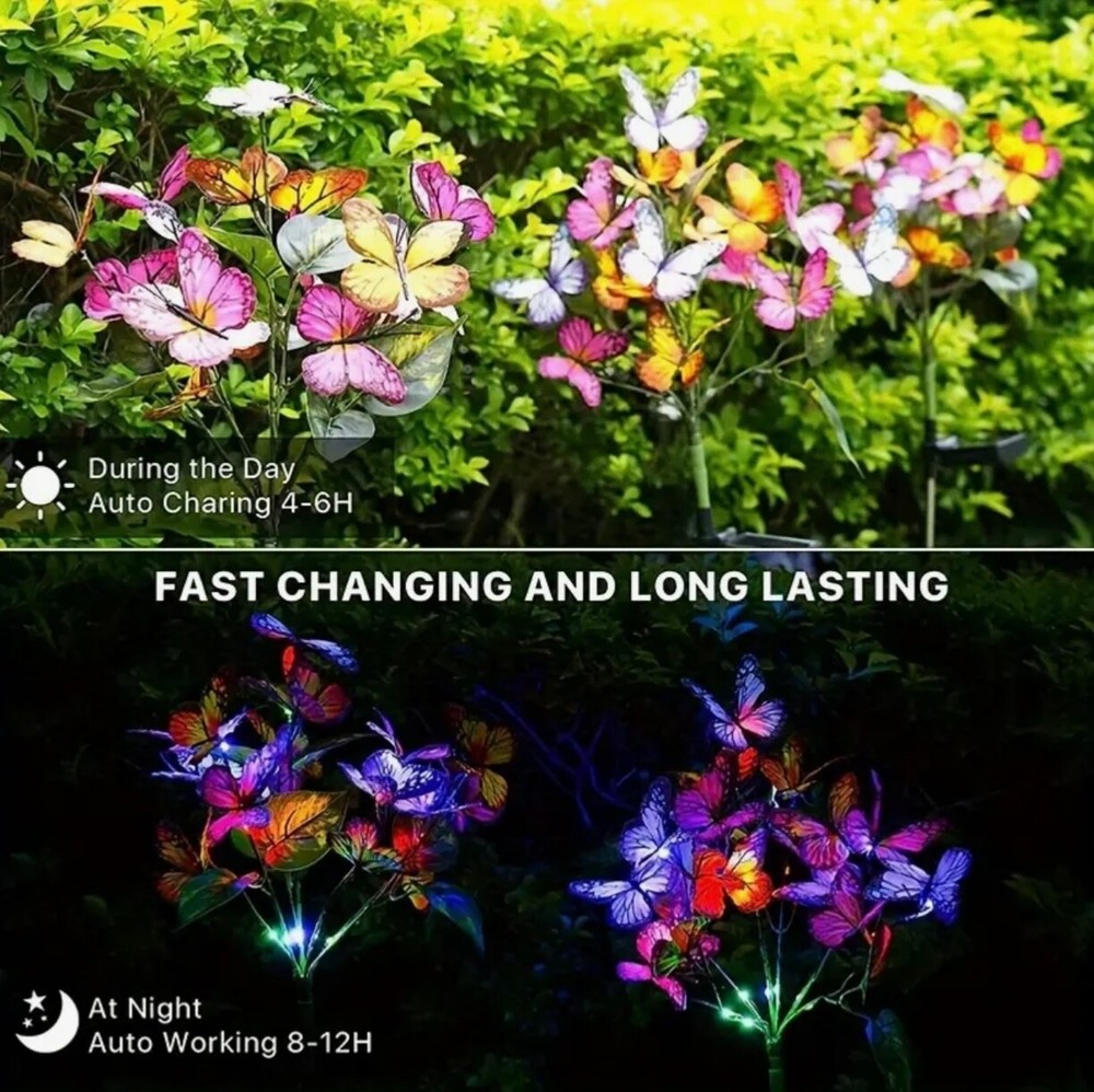 Solar Garden Lights 2 Pack Multicolor Blink/Solid Butterfly LED Waterproof