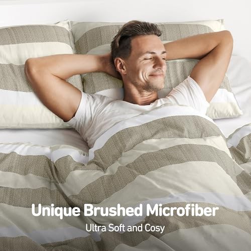 Comforter Set, 3 Pieces Striped Bed Set, Soft Brushed Microfiber Queen Neutral