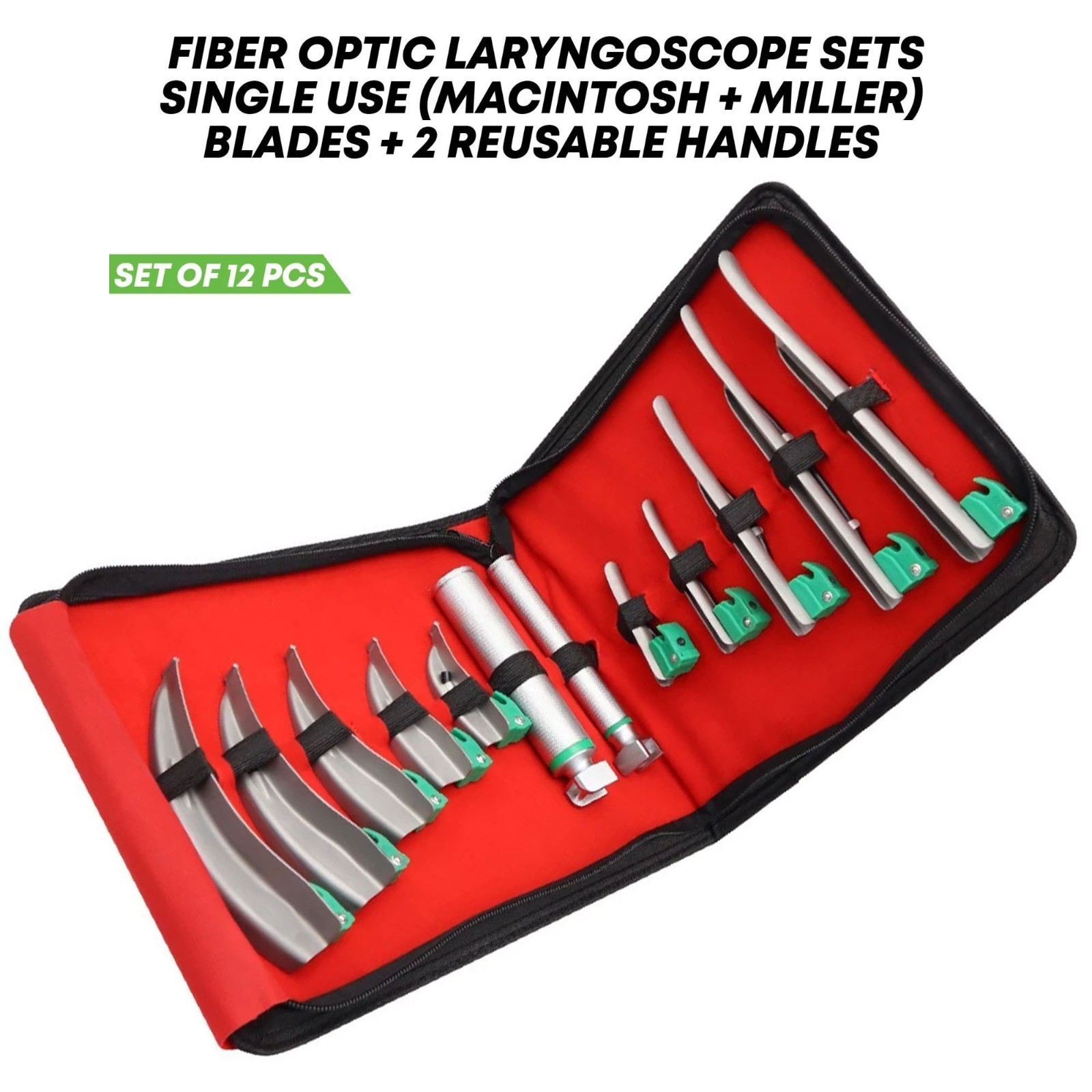 Fiber Optic Mac & Miller Laryngoscope + 2 Handles EMT Intubation Kit 12 Pcs Kit