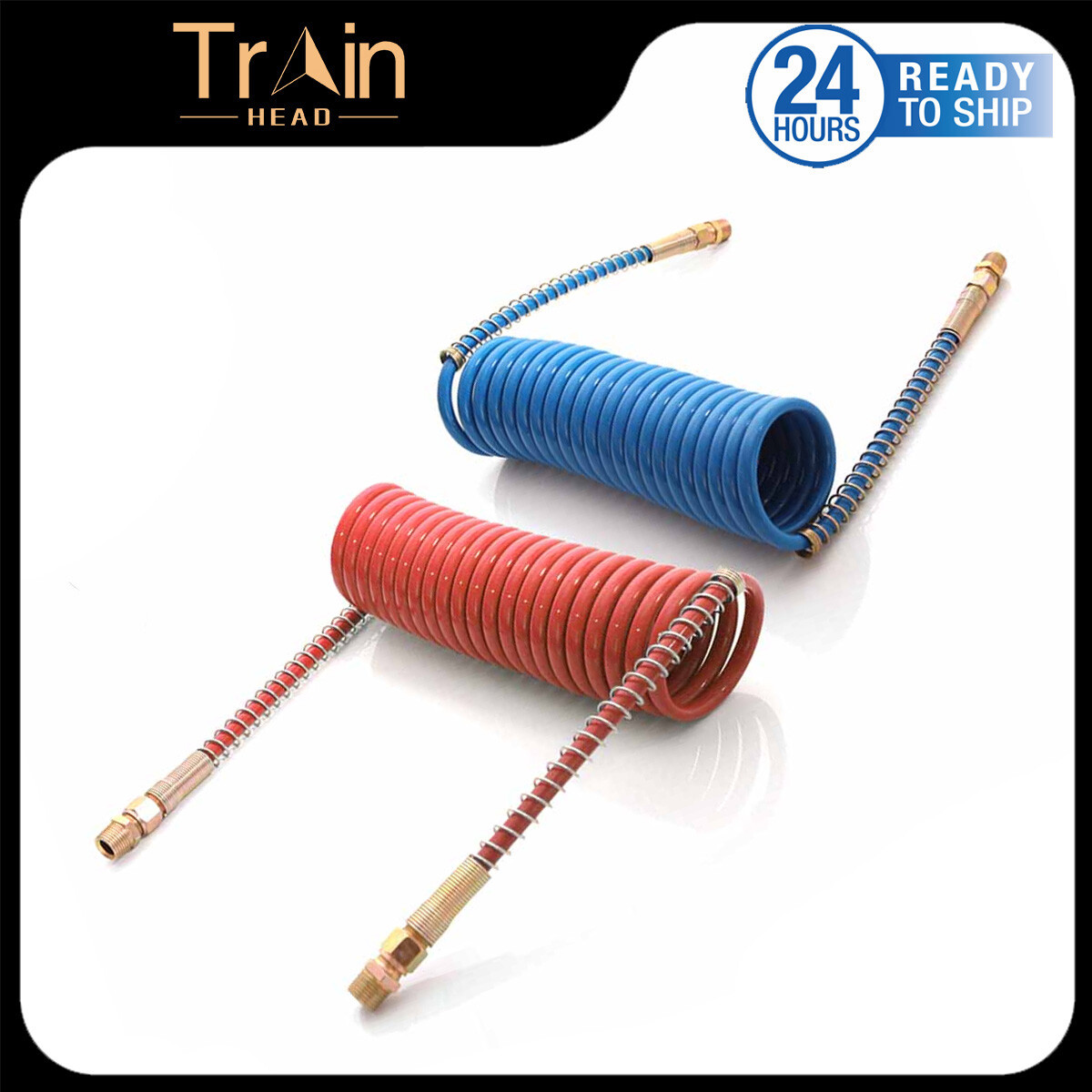 15' RED AND BLUE COIL COILED AIR LINE HOSE SET - TRAILER BRAKE - 1/2" Fittings