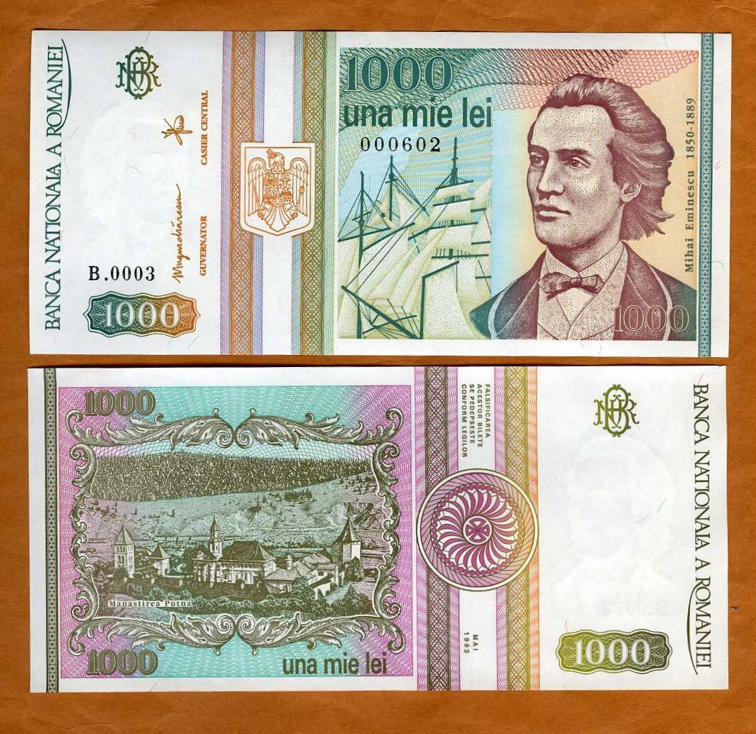 Romania, 1000 Lei, 1993, P-102, UNC . Lower S/Ns