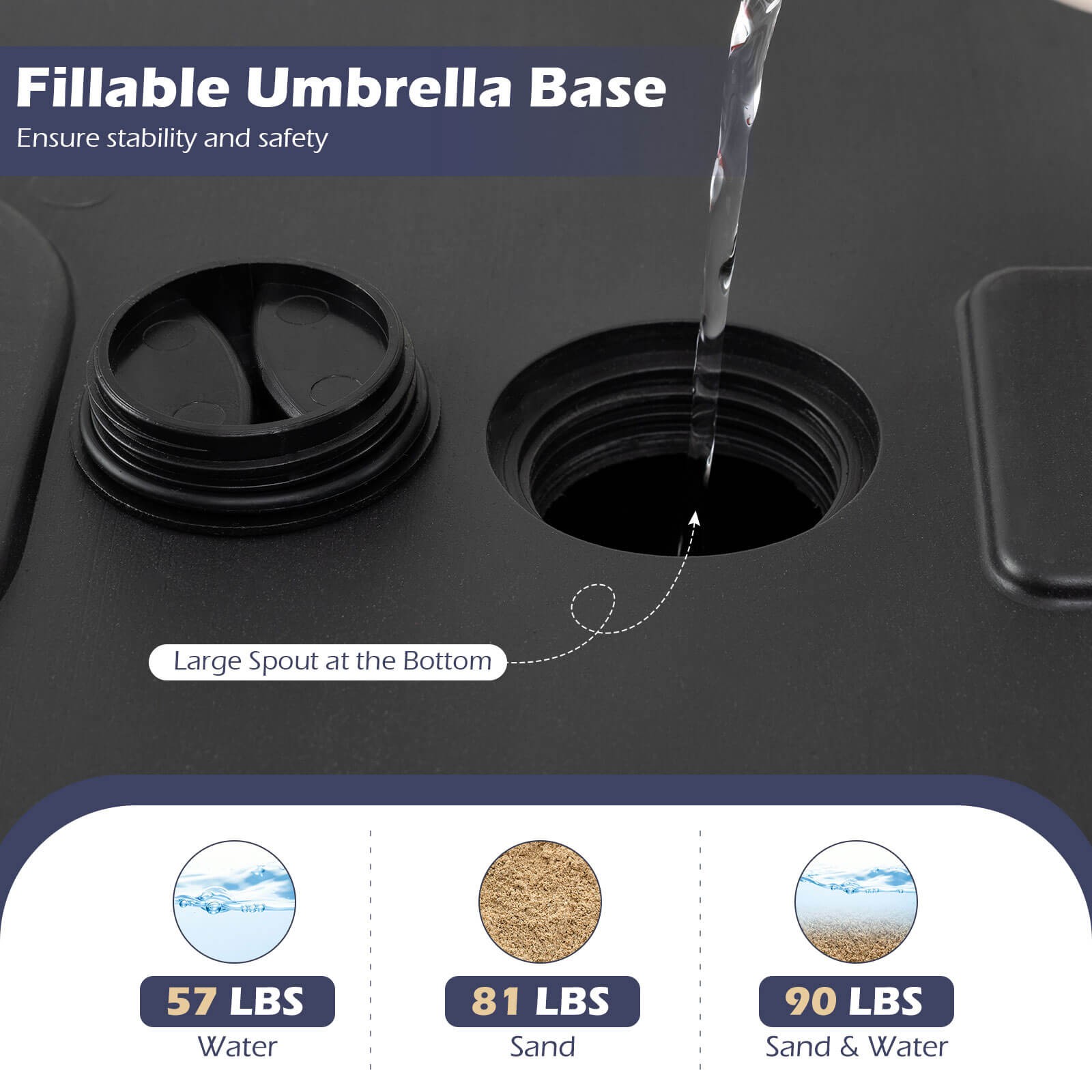 Fillable Umbrella Base 90 LBS Heavy Duty with 2 Wheels, Water/Sand Filled