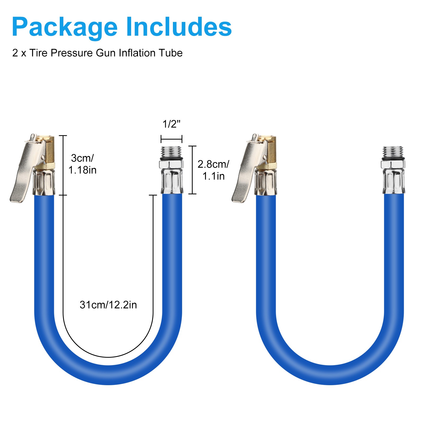 2 PCS Portable Tire Inflator Hose w/ Self-Locking Clamps for Most Car Air Pumps