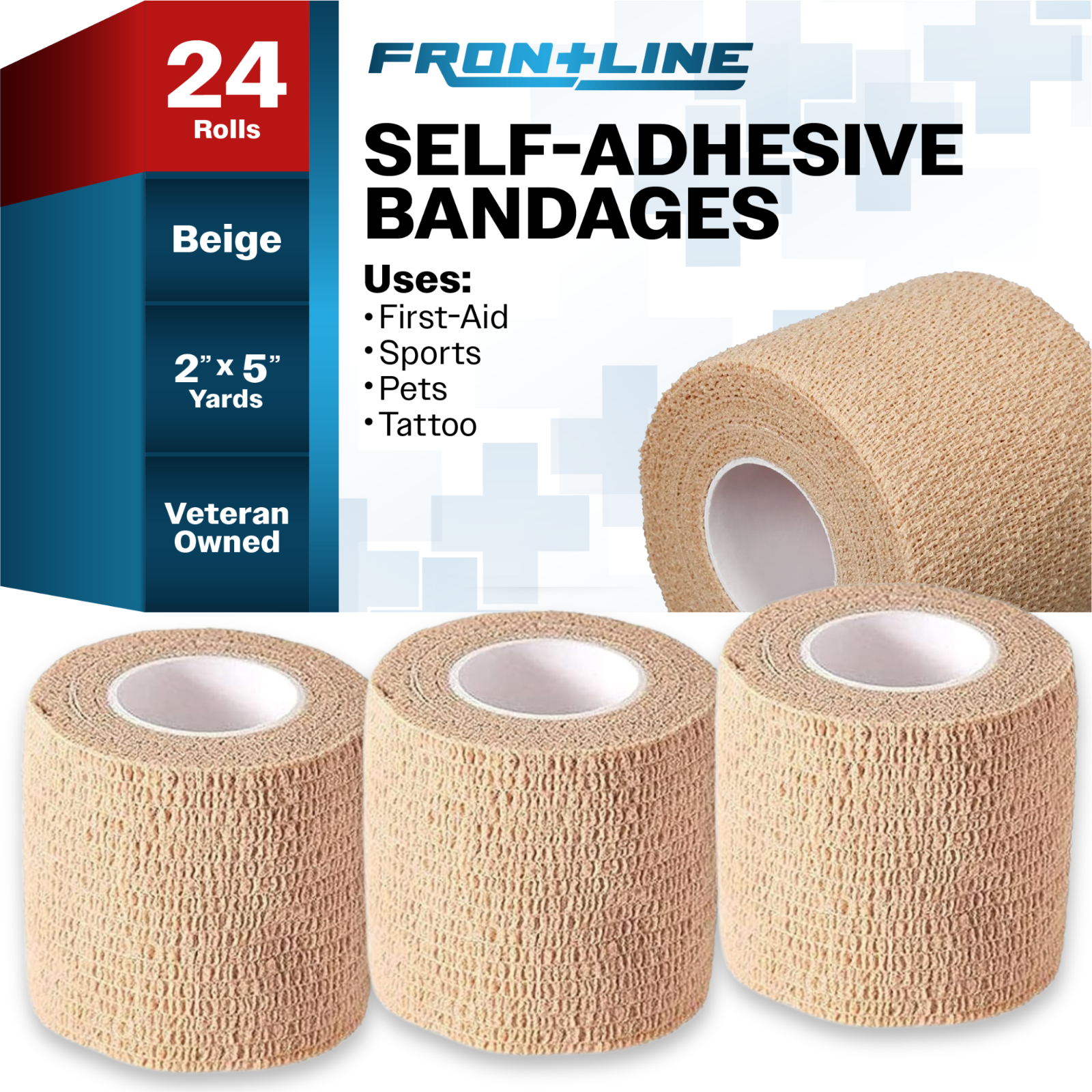 24-Rolls Self Adhesive Bandage Wrap, Vet Tape, Medical Tape (2 In x 5 Yds) Beige
