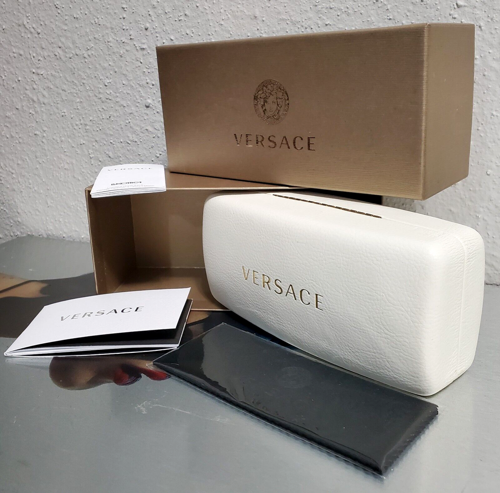 VERSACE WHITE LEATHER CLAMSHELL LARGE SUNGLASSES CASE+CLOTH+BOOKLET+BOX