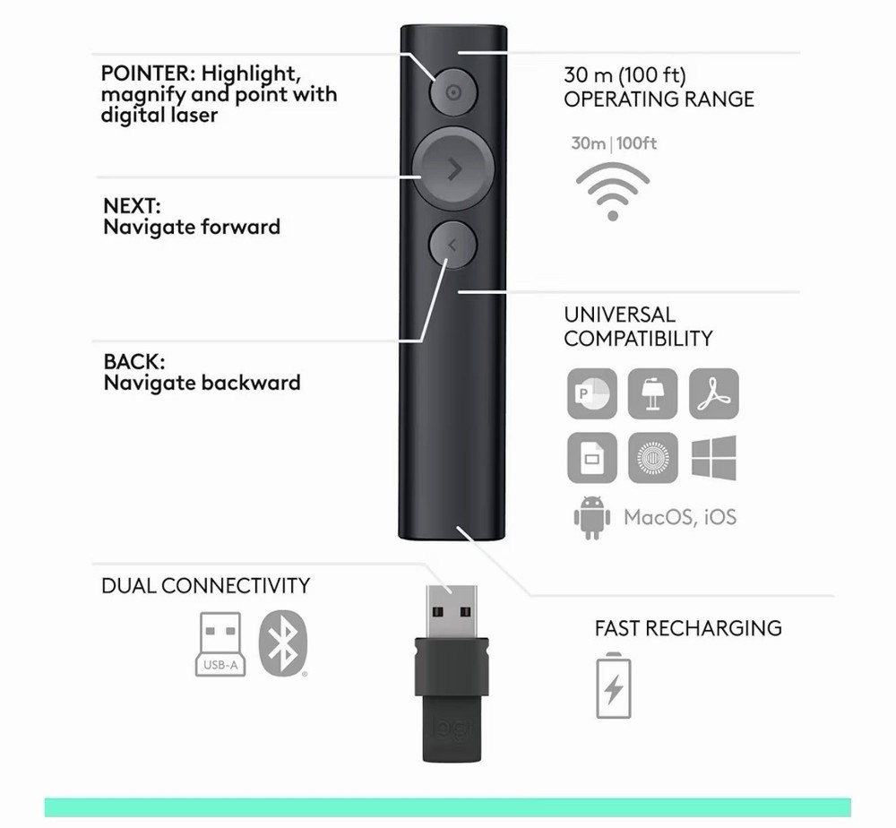 Logitech Spotlight Universal Wireless Presentation Remote Laser - Black