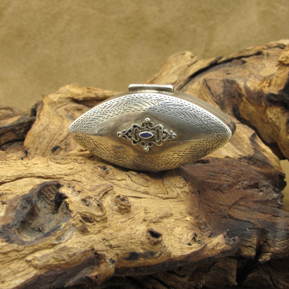 Intricate Sterling Silver Pillbox with Lapis Accent