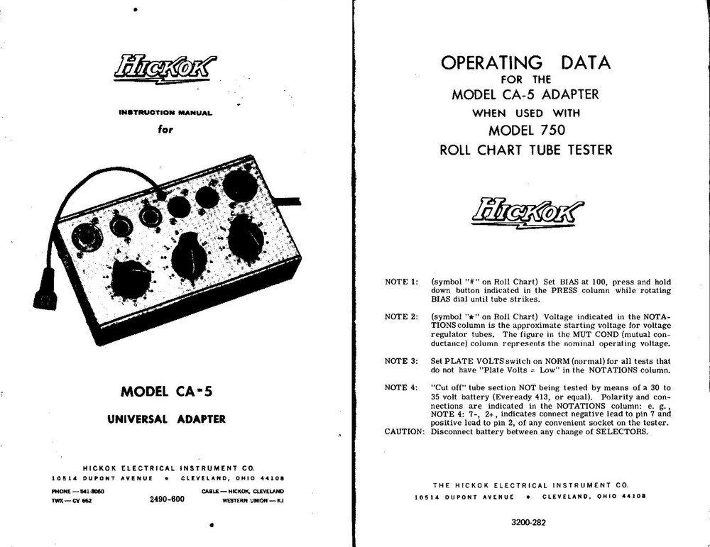 HICKOK CA-5  Instruction Manual & Operating Data With Hickok 750