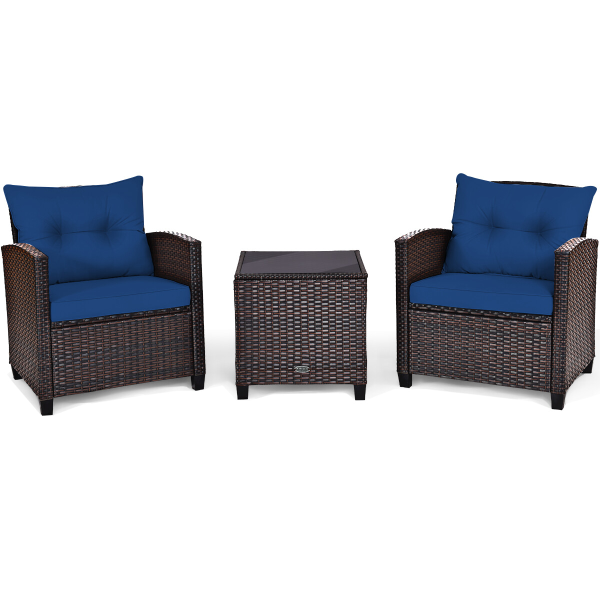 3PCS Patio Rattan Furniture Set Cushioned Conversation Set Coffee Table Navy