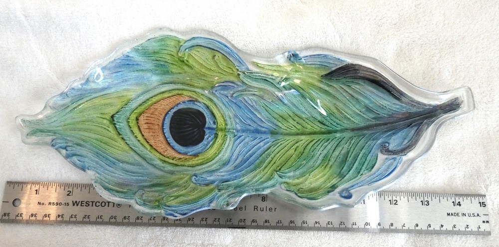 Iridescent Fused Glass Peacock Feather Rectangular Dish