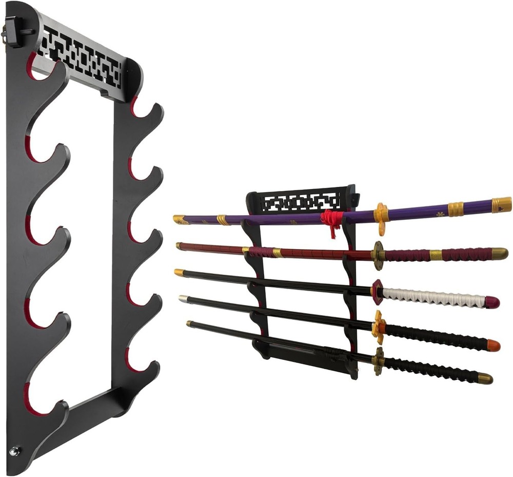 Sword Holder Katana Wall Mount - 5 Tier Samurai Display Rack Wand Black