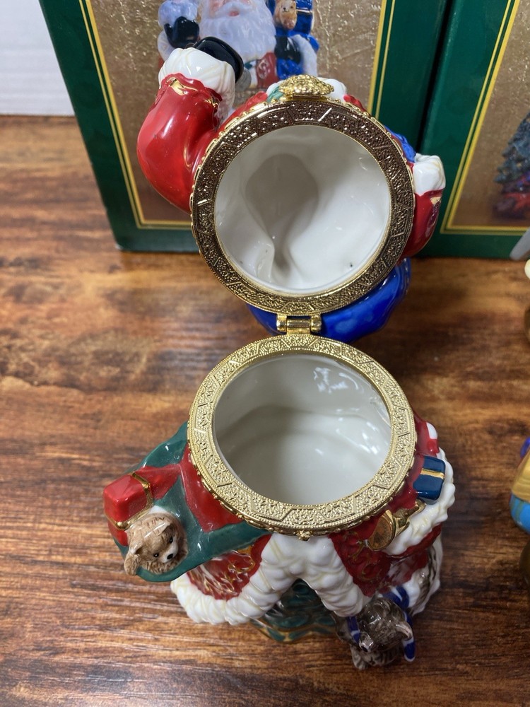 2 Traditions Porcelain Decorative Keepsake Box Hand Painted Santa & Nutcracker