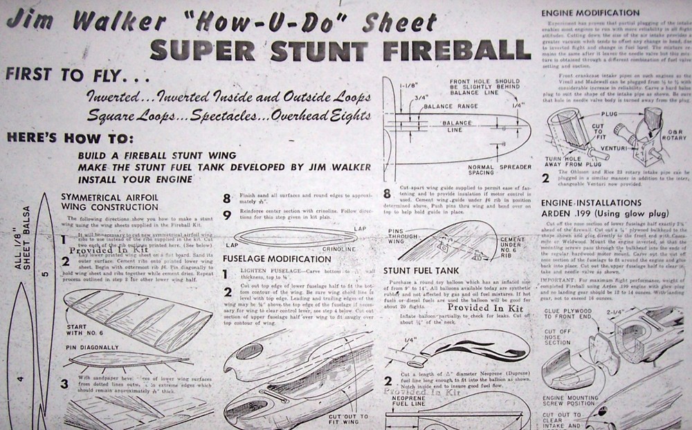 FIREBALL & FIREBALL BIPE PLANS + CONSTRUCTION ARTICLES for 2 UC Model Airplanes