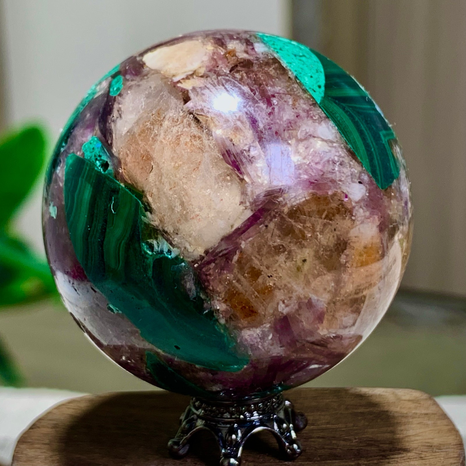 129G Newly discovered rare malachite purple mica symbiotic sphere restoration