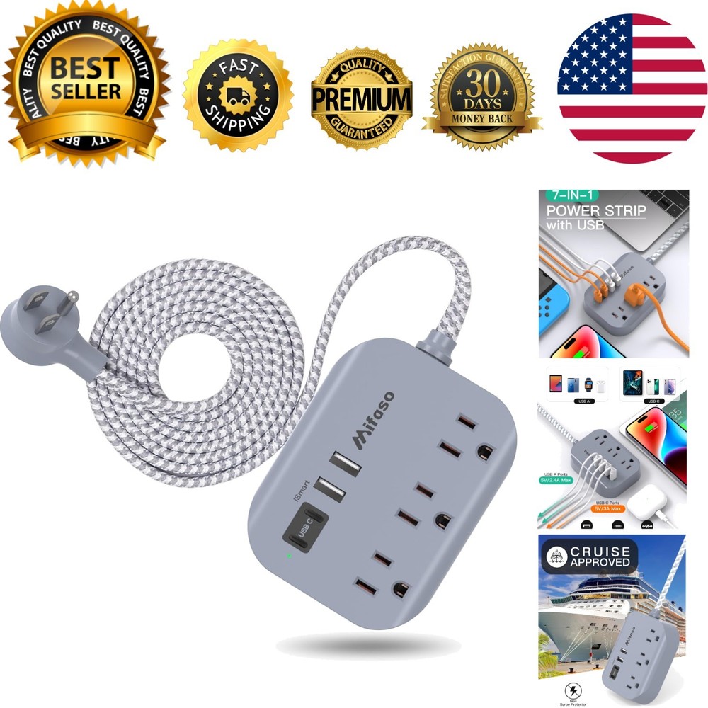 Cruise Ship Essentials - 3Ft Flat Extension Cord with Multiple Outlets, Power...