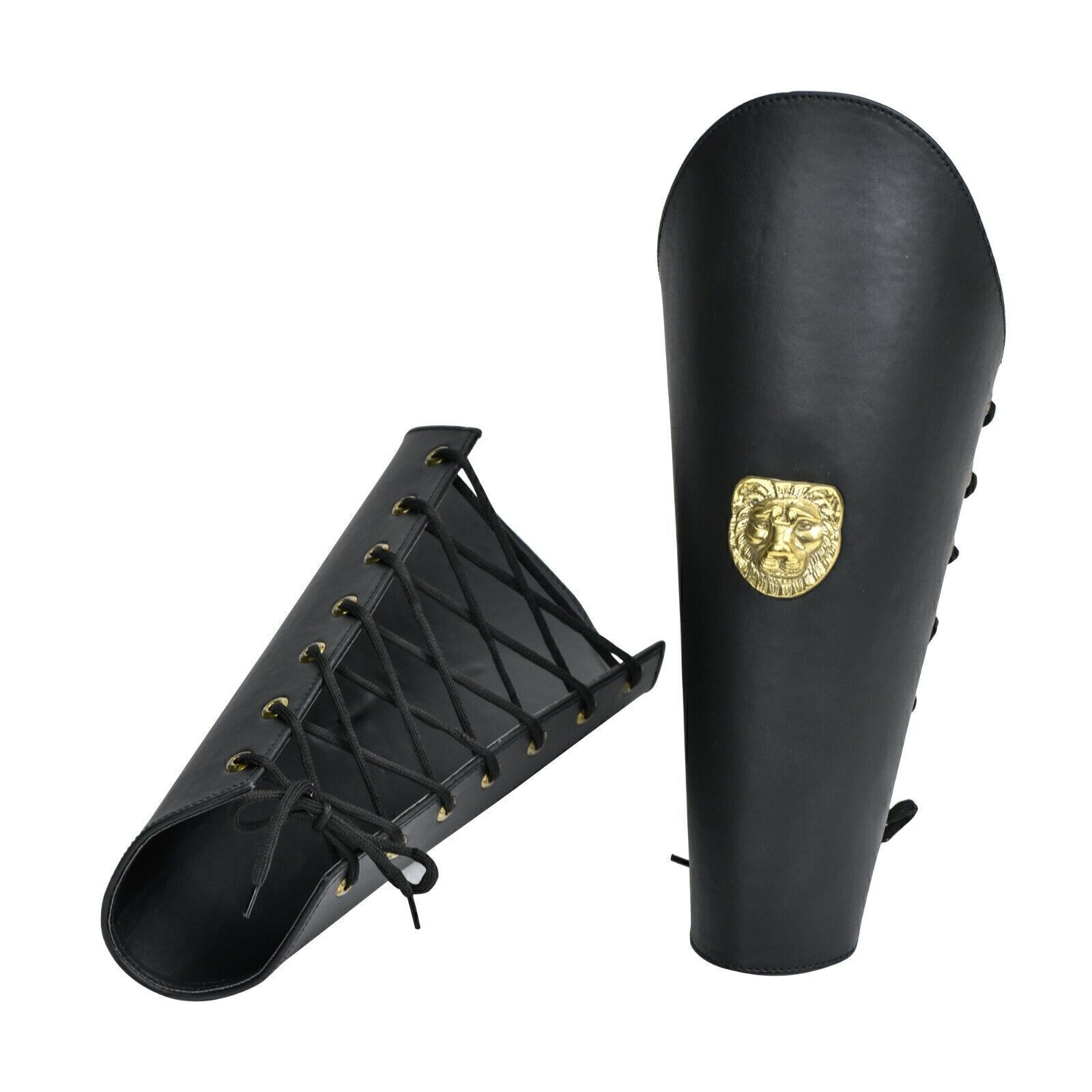 Warriors Call Genuine Black Leather Lion Leg Armor Greaves Pure Brass Detail