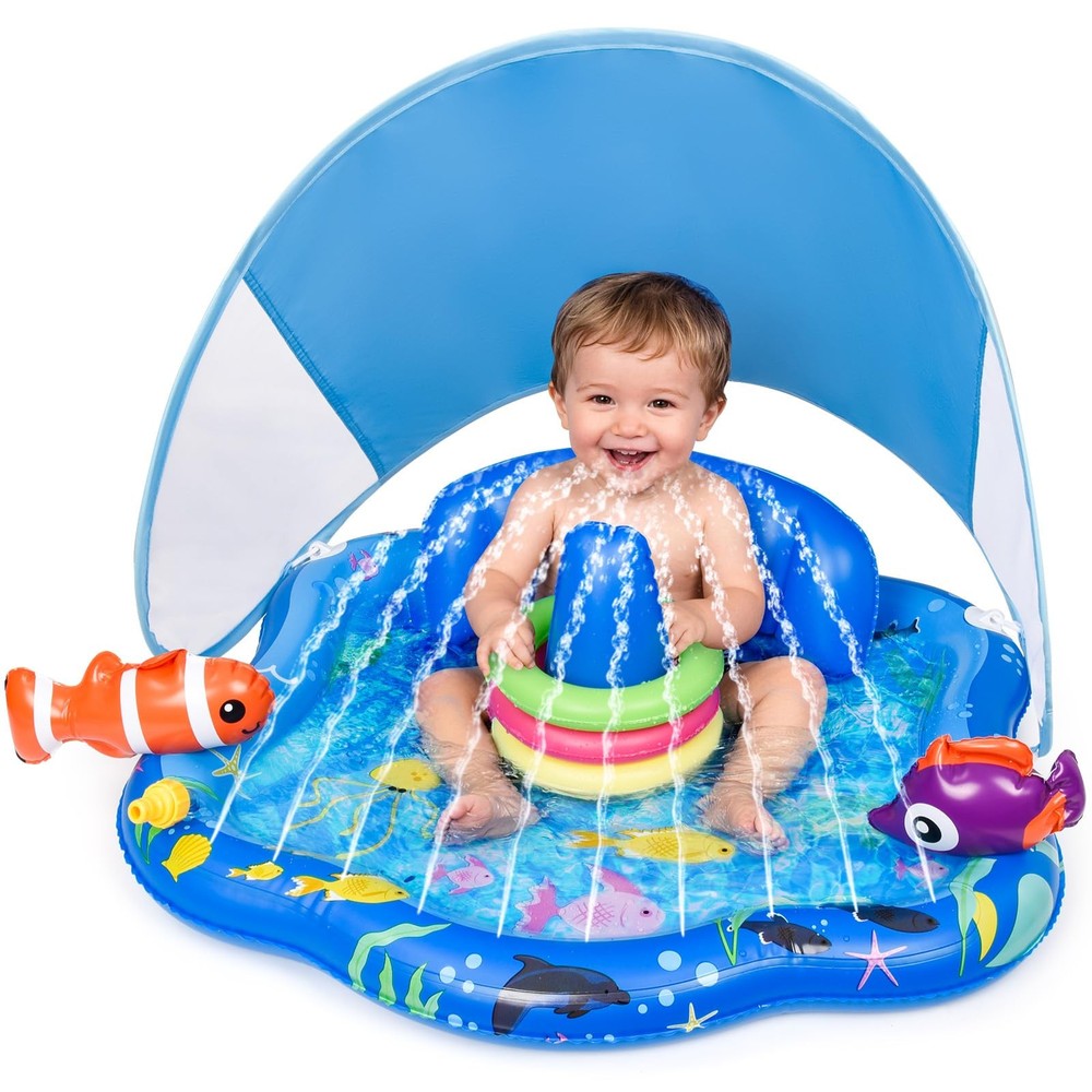 Baby Pool Float with Sprinkler, Inflatable Baby Splash Pad with Stackable Rin...