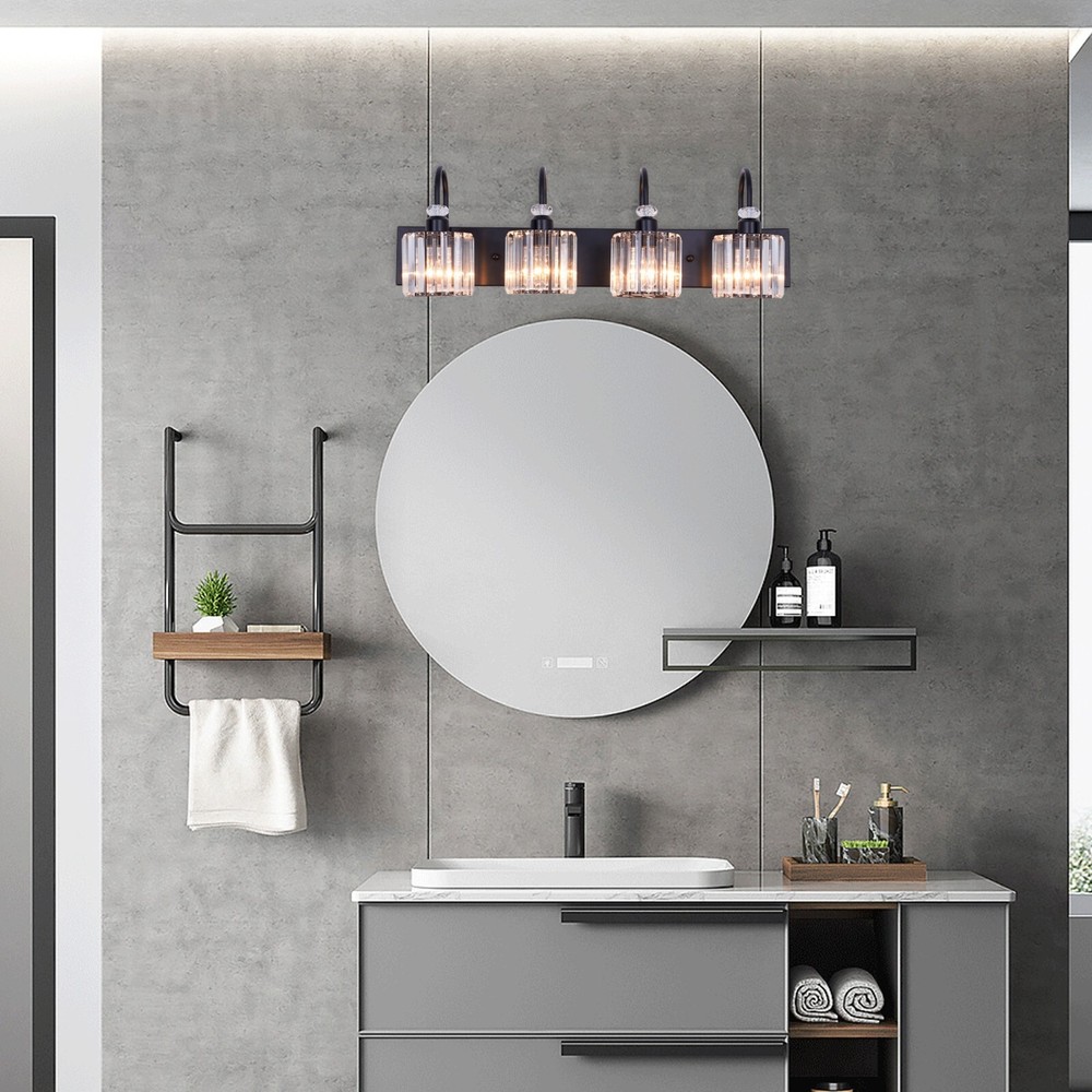 31.5" 4-Light Black Crystal Vanity Light, E26 Base, Iron Frame, , No Bulbs