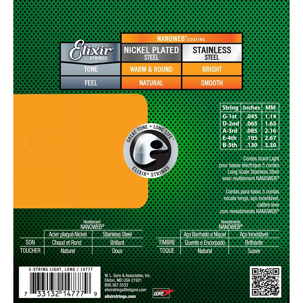 Elixir 14777 NANOWEB 5-String Medium, Light B Bass Strings (45-130)