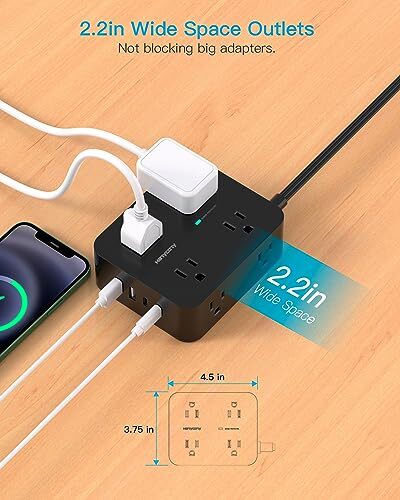 Power Strip Surge Protector 5Ft Ultra Thin Flat Plug Extension Cord with Mult...
