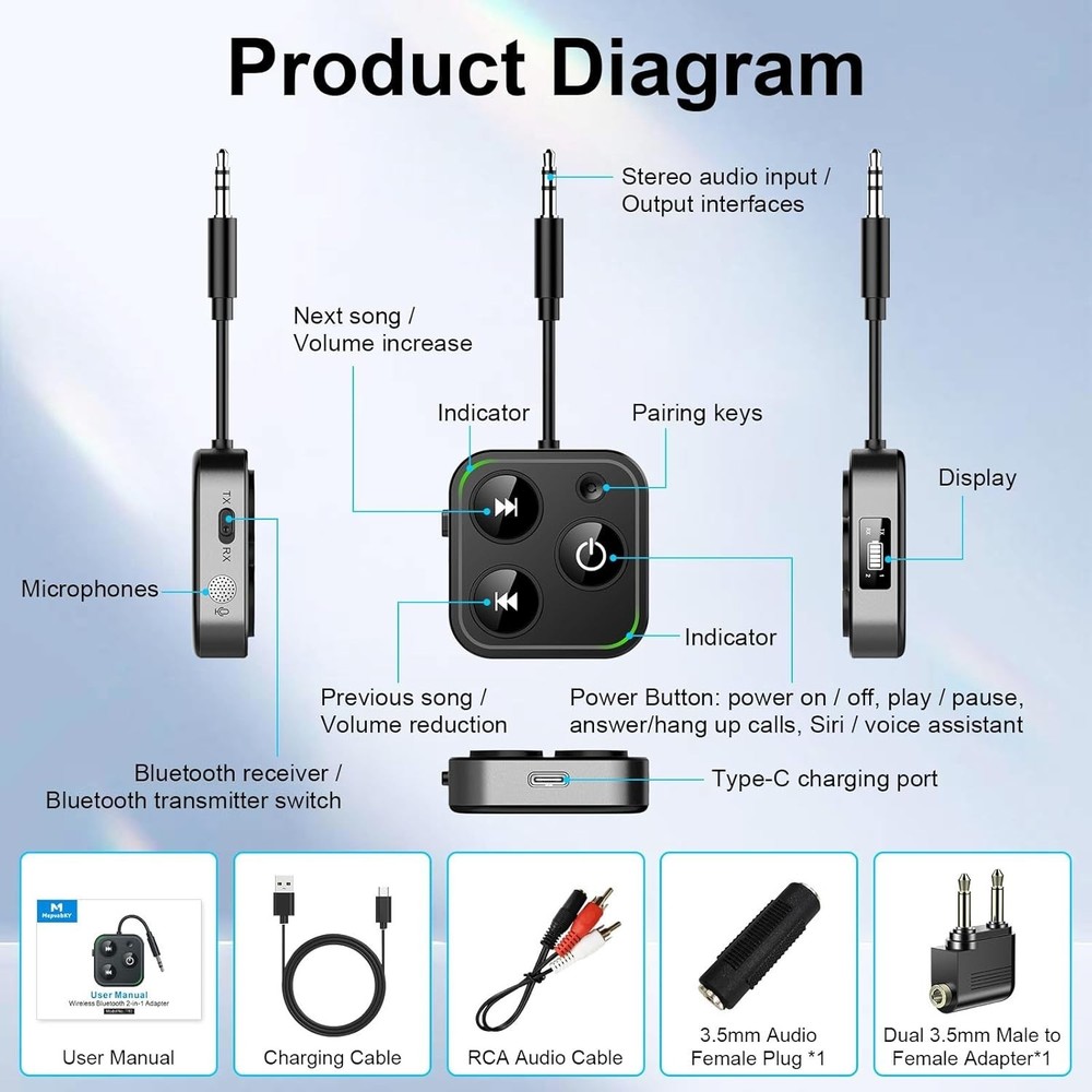 2026 Pro Bluetooth 5.4 Transmitter Receiver, 2-In-1 Wireless Audio Adapter