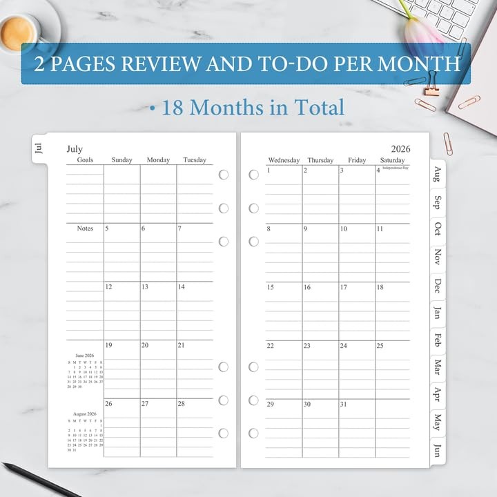 2026-2027 Monthly Planner Refill, A6 Small Size Planner Inserts for 6 Ring, 3...