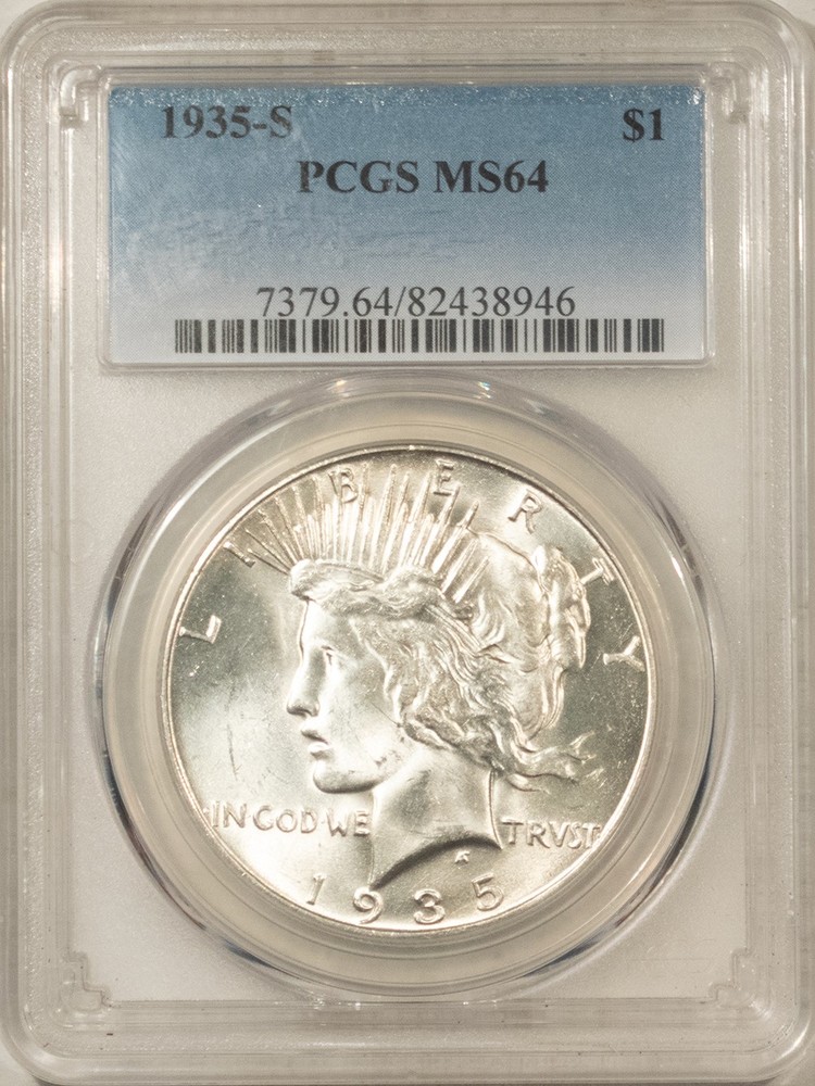 1935-S $1 PEACE DOLLAR - PCGS MS-64, BLAST WHITE!