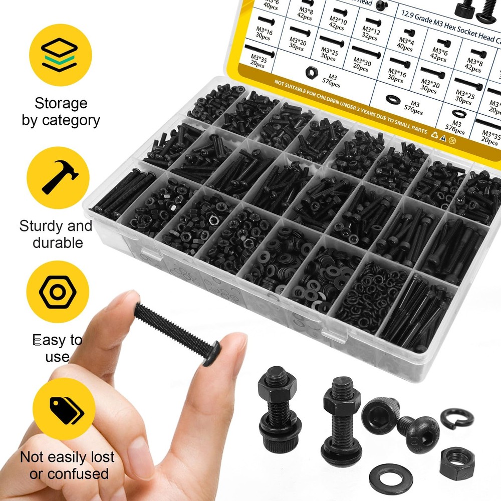 Fgruh 2300PCS M3 Screws with 2300pcs, Black - Hex Socket Button & Cap Head