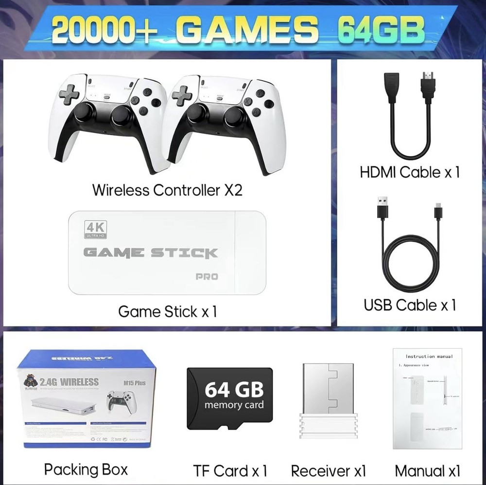 Game Stick Pro 4K HDMI Microconsole 64GB Wireless Controllers Precision D-Pad