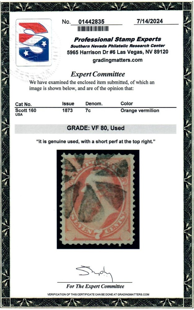 Scott 160 Used Premium Example PSE Graded VF 80